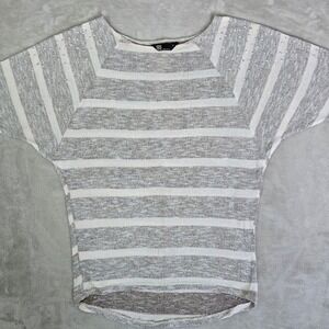 Grey White Striped Pearl‎ Rhinestone Batwing Sleeve Knit Top Womens Large